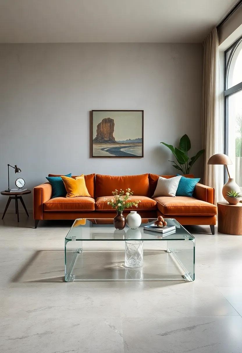 Vintage Velvet Sofa ⁢Meets Modern Acrylic Coffee ⁣Table: A mix‍ of plush and transparency creates​ a cozy yet airy ⁢living room vibe