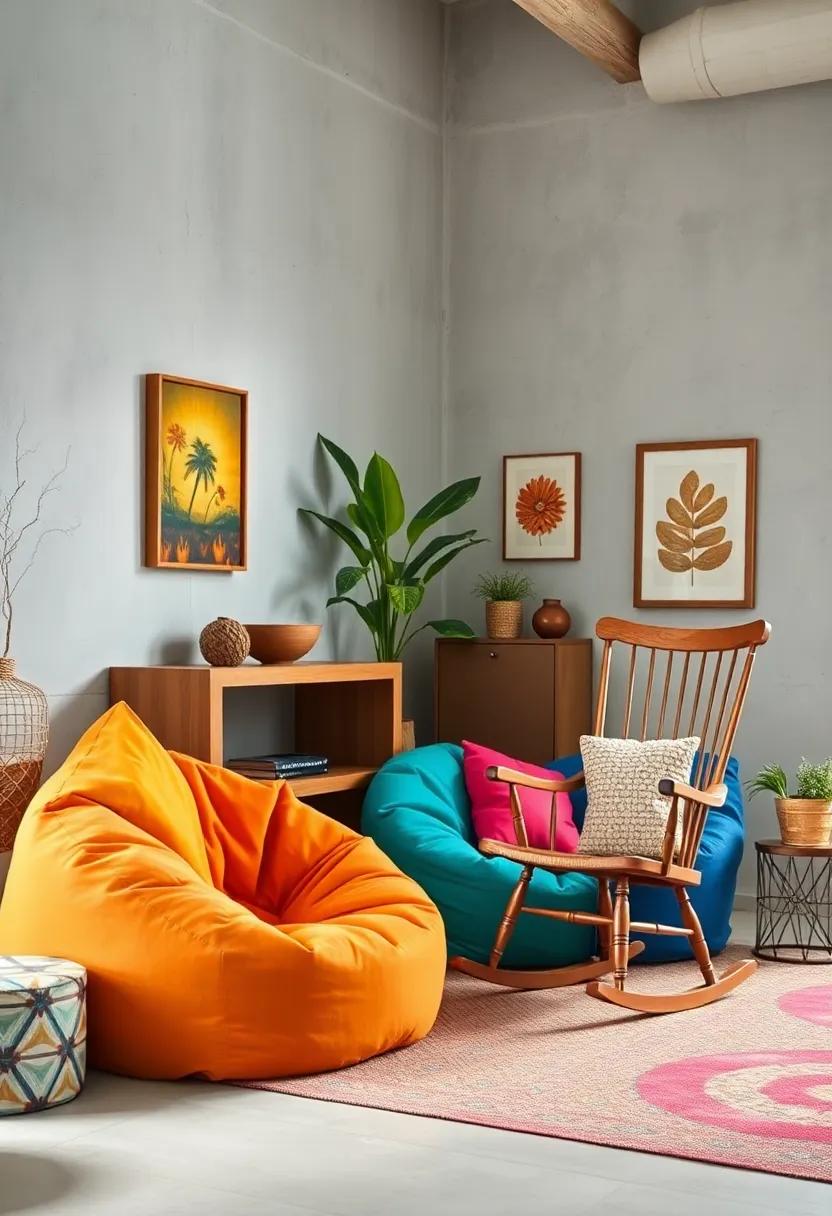 Colorful Bean ⁢Bags Alongside a Classic Wooden Rocking Chair:⁣ Casual comfort meets nostalgia, offering diverse seating for relaxed ⁤gatherings