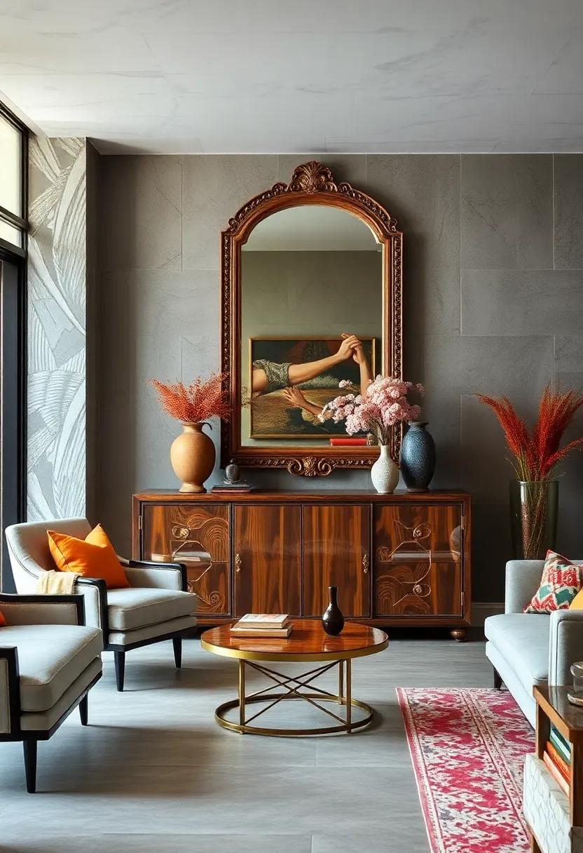 Antique Mirror Combined with a Modern Credenza: Reflecting style and functionality, creating a focal point in entryways