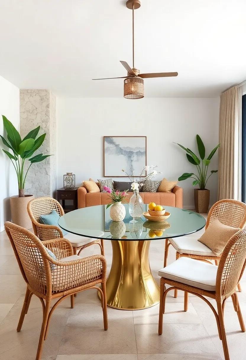 Woven Rattan Chairs Coupled with a ⁤Sleek Glass Dining Table: A tropical touch complemented by crystal clarity enhances dining⁣ experiences