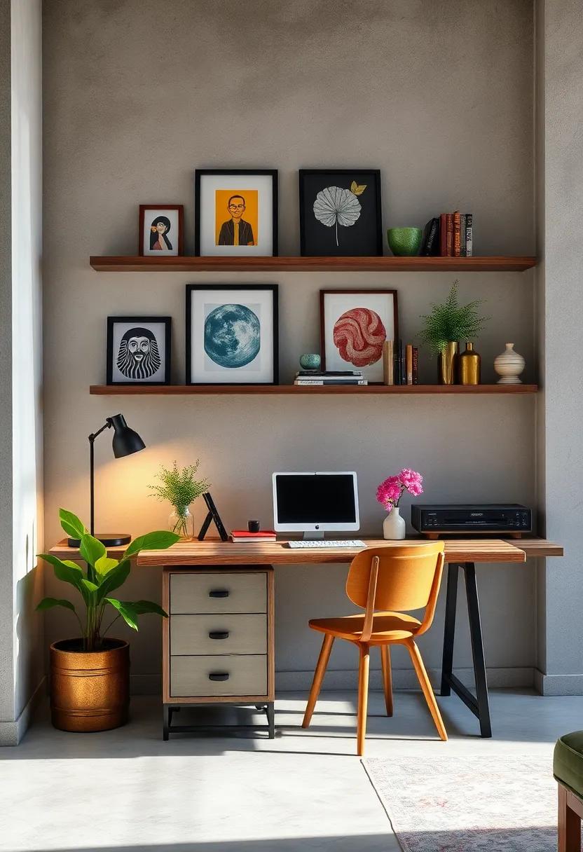 quirky Artwork‌ Shelves Coupled ‌with a Sturdy Rustic⁤ Desk:⁣ Celebrating individuality ‌while providing a practical workspace