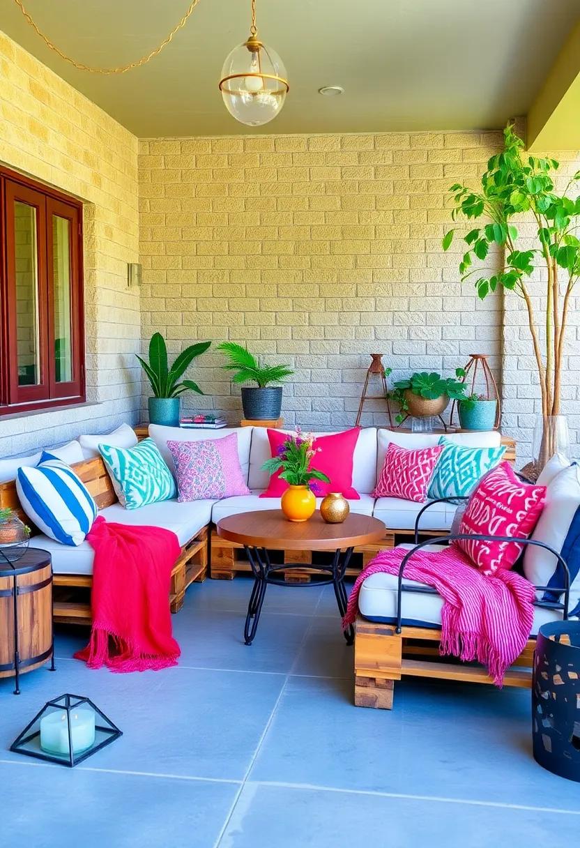 upcycled Pallet sofa Matched with Bright Accent Pillows: Eco-consciousness meets comfort, crafting ⁢a warm‌ and inviting outdoor space