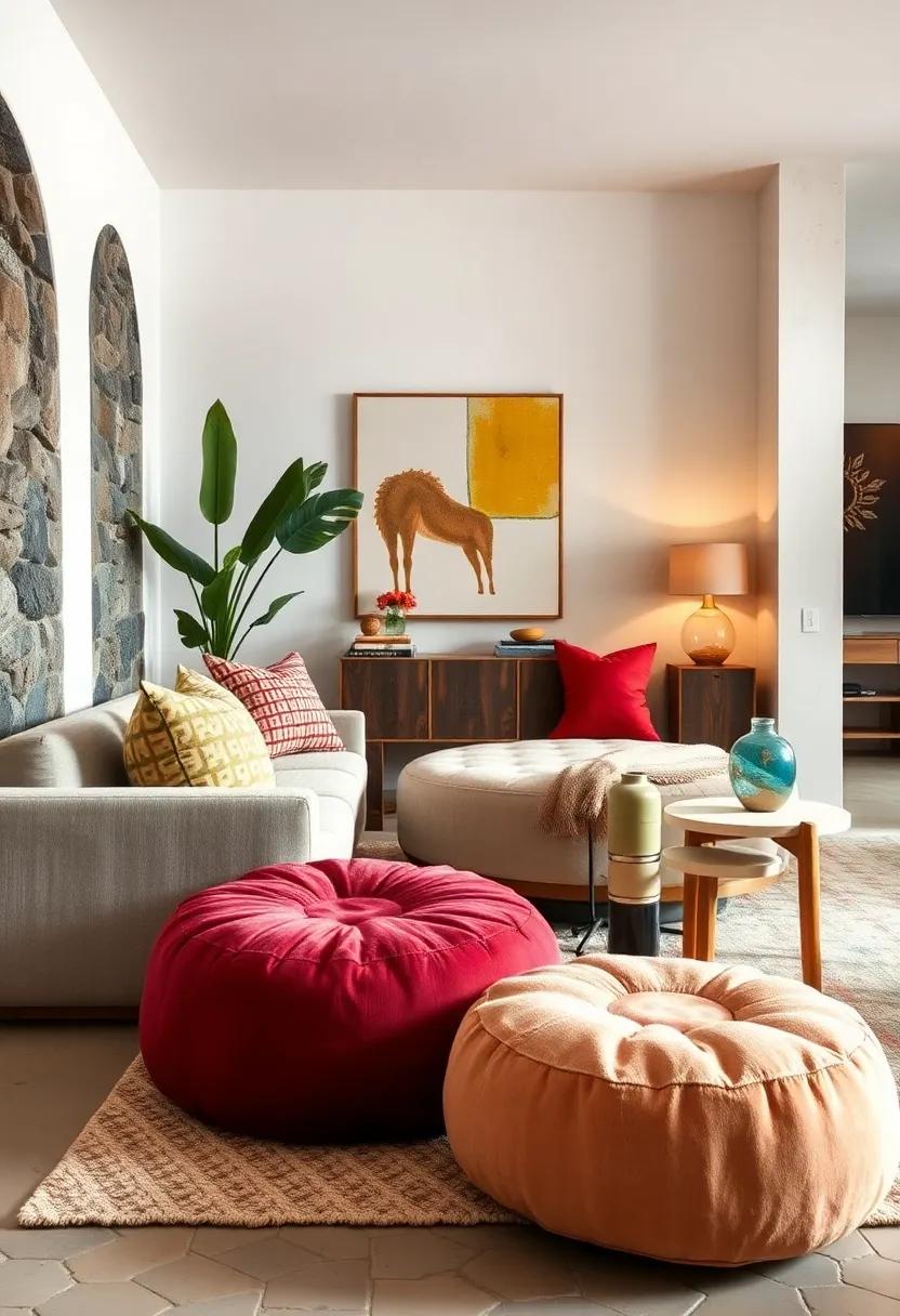 Moroccan Poufs Accompanied ‌by Scandinavian Minimalist Side Tables: A playful mix of textures and‍ shapes that adds cultural depth to any space