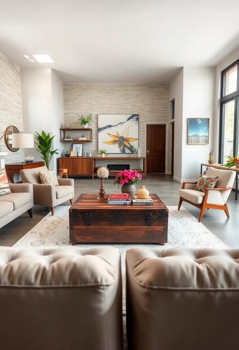 Antique Trunk Used as a⁢ Coffee Table, Matched with mid-Century Modern Chairs: Storage​ meets style, telling⁢ a story‍ in your living⁤ space