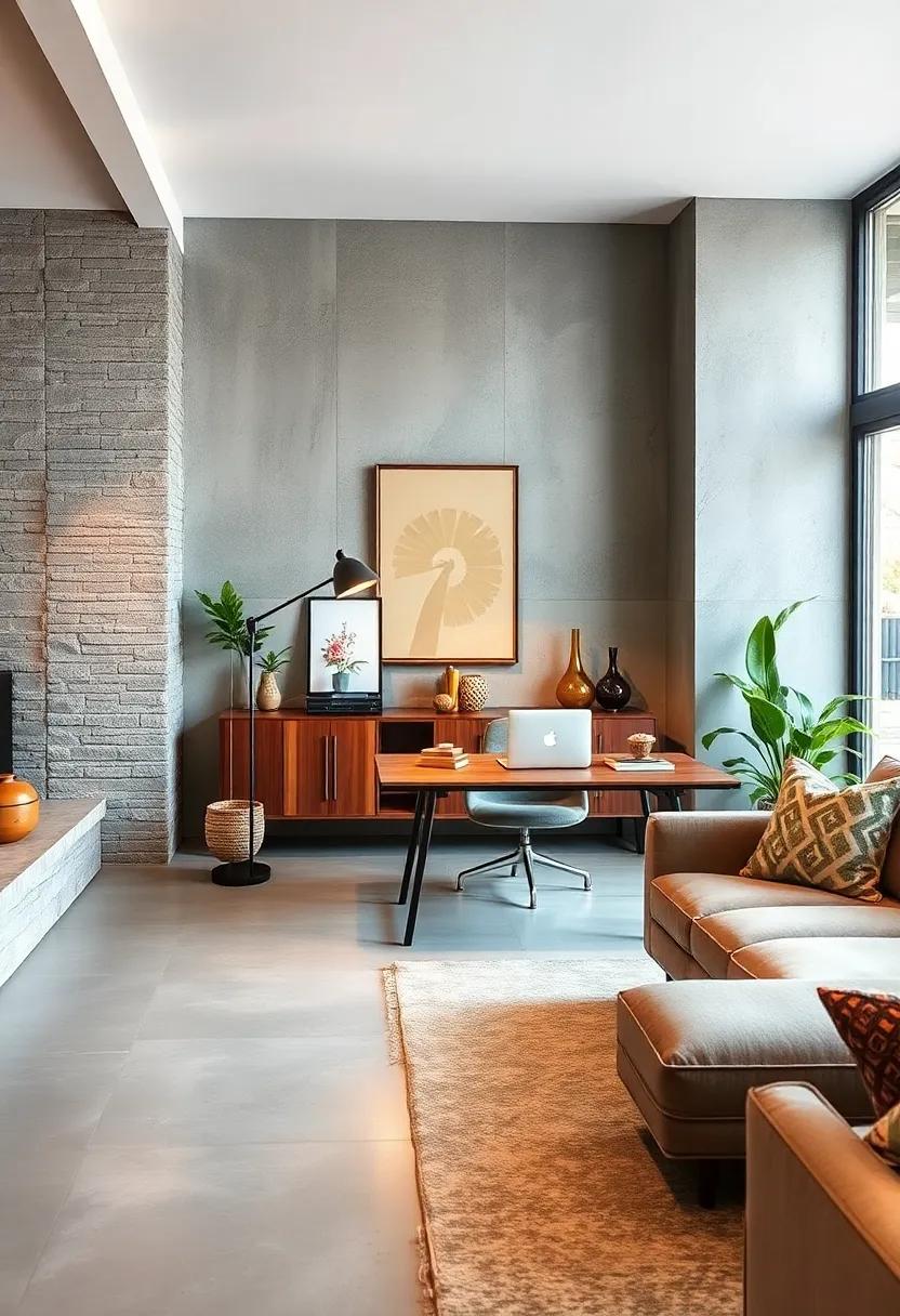 Sculptural Floor Lamp Paired with a Minimalist Desk: This dynamic pairing highlights ⁣creativity while illuminating work areas