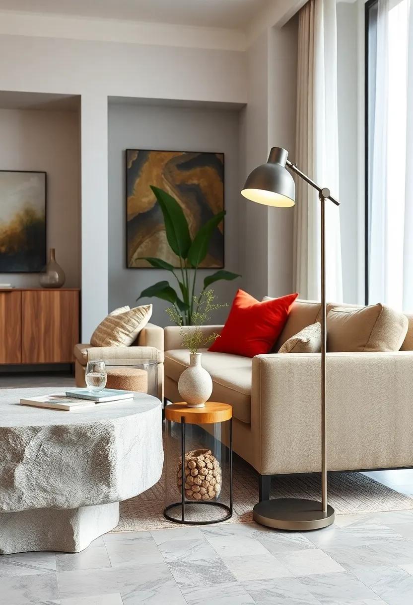 Handcrafted Ceramic Side Table Paired with a Minimalist Adjustable Floor Lamp: A unique focal point‌ that ⁤showcases artistry alongside functional ⁢lighting