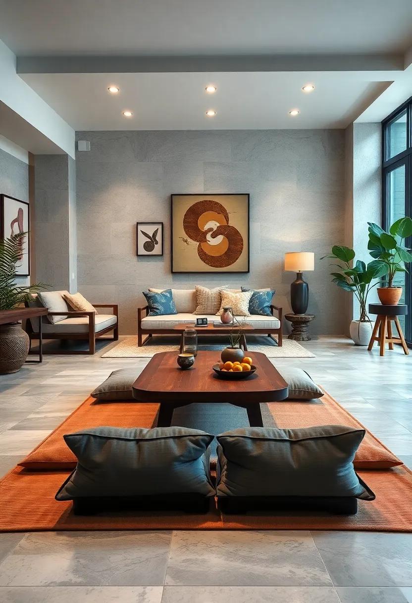 Asian-Inspired ⁢Low Table Coupled with‍ Floor Cushions: Perfect for⁤ a cozy‍ tea ceremony or casual hangout, blending culture and comfort