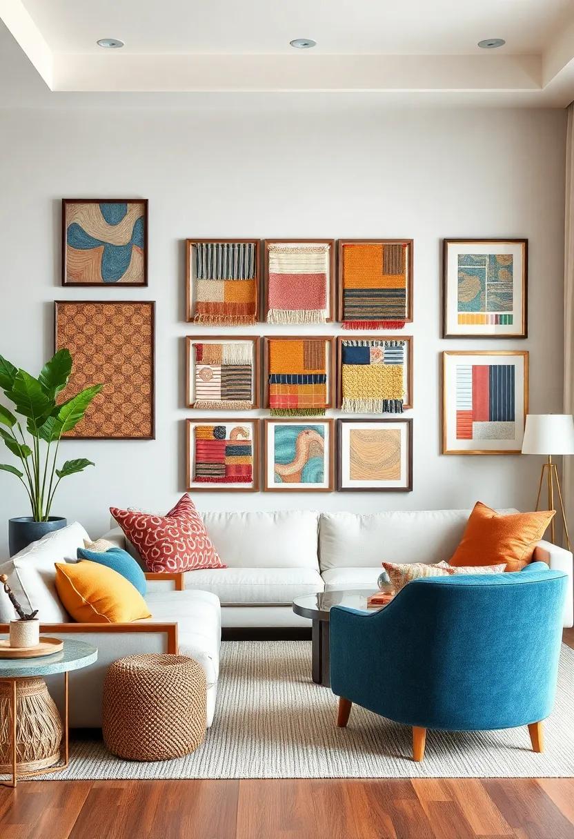 Framed Fabric Swatches:​ Use eclectic​ fabrics from around the world,framed in pairs or trios,to create a textural feast for the eyes
