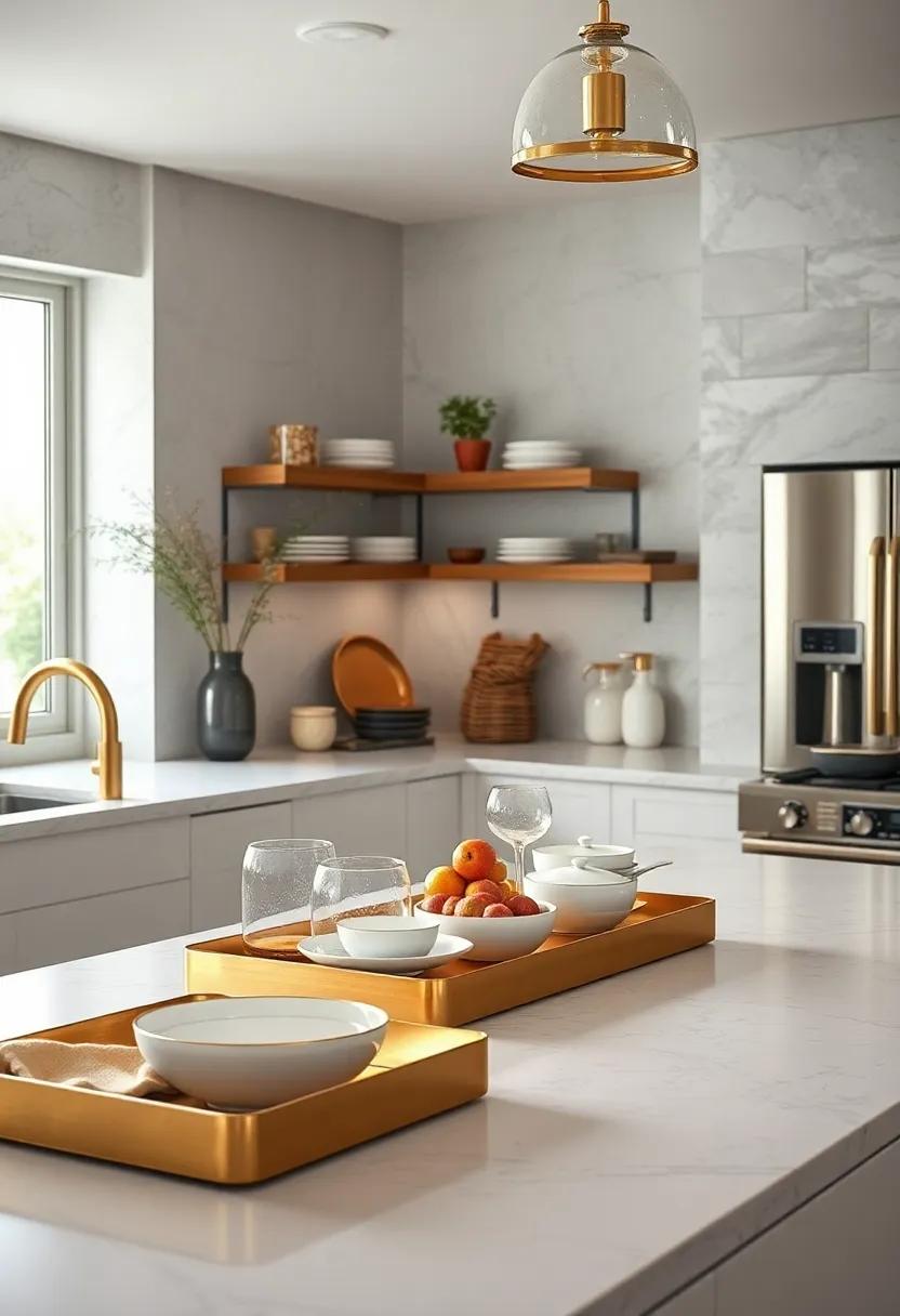 Artful Tableware Displays: Use brass trays to organize and display beautiful dishware on your counters, blending function with art
