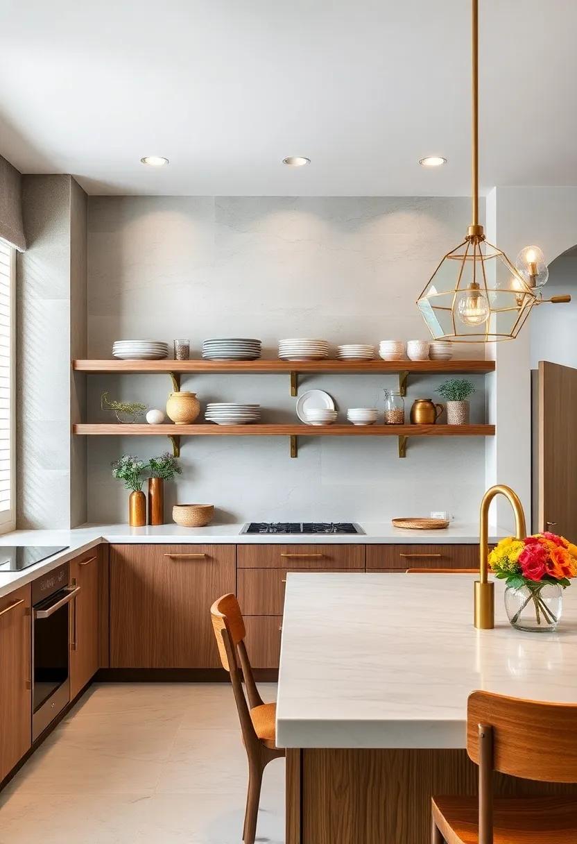 Brass Accents on Open Shelving: Use brass brackets or decorative elements to enhance open shelves and showcase your dishware