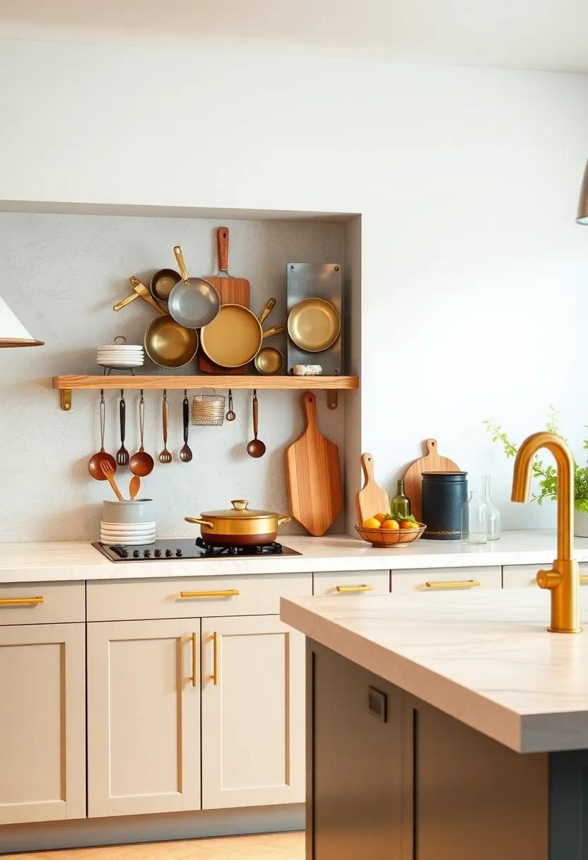 Chic Cookware Storage: Hang brass hooks to display your best cookware,creating a stylish and functional culinary space