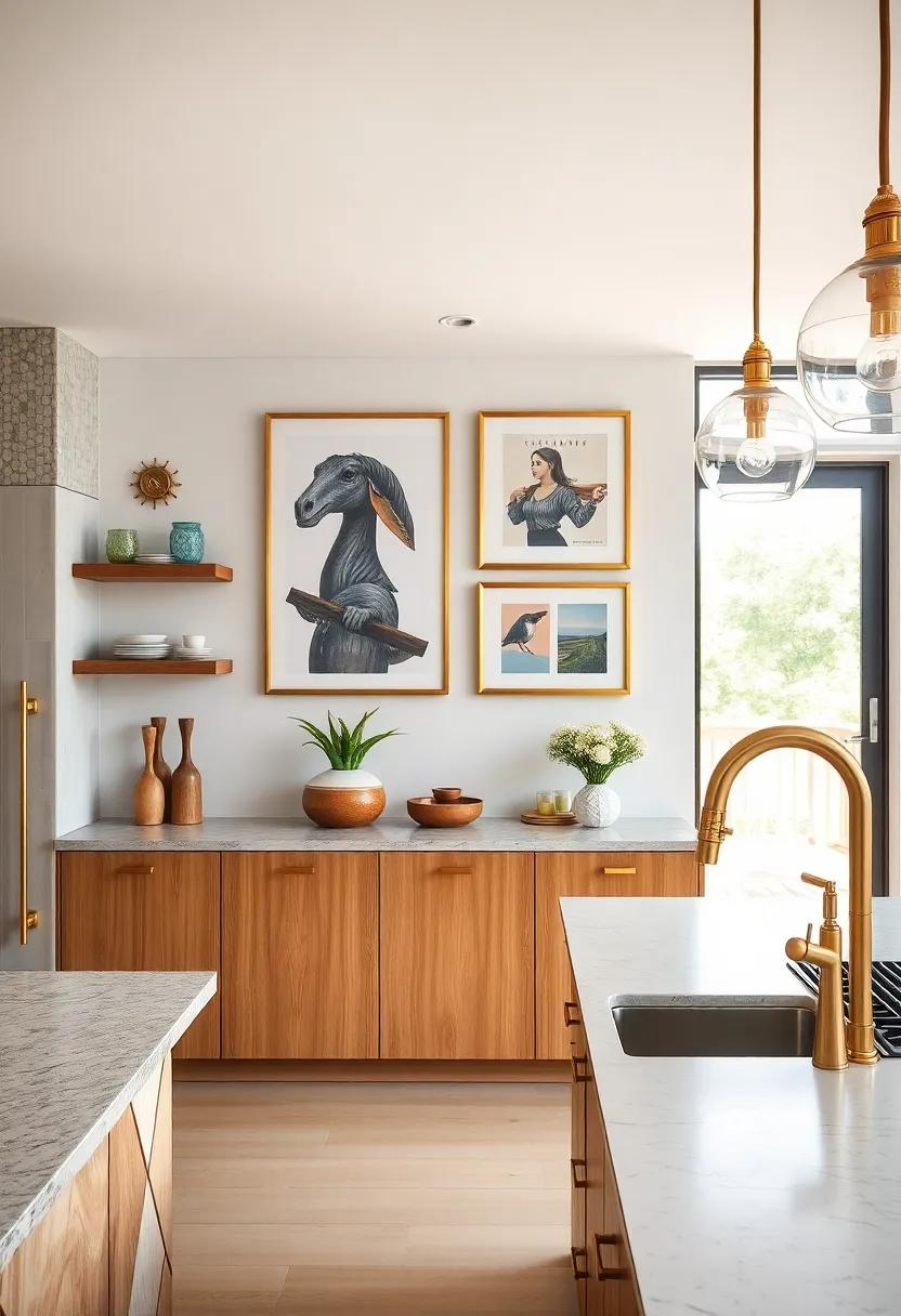 Curated Gallery Wall: Frame artwork in brass frames to add sophistication and personal flair to your kitchen environment