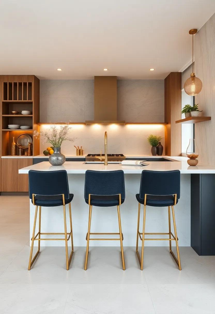 Minimalist Bar Stools: Choose bar stools with sleek lines and brass detailing to enhance the elegance of your kitchen island