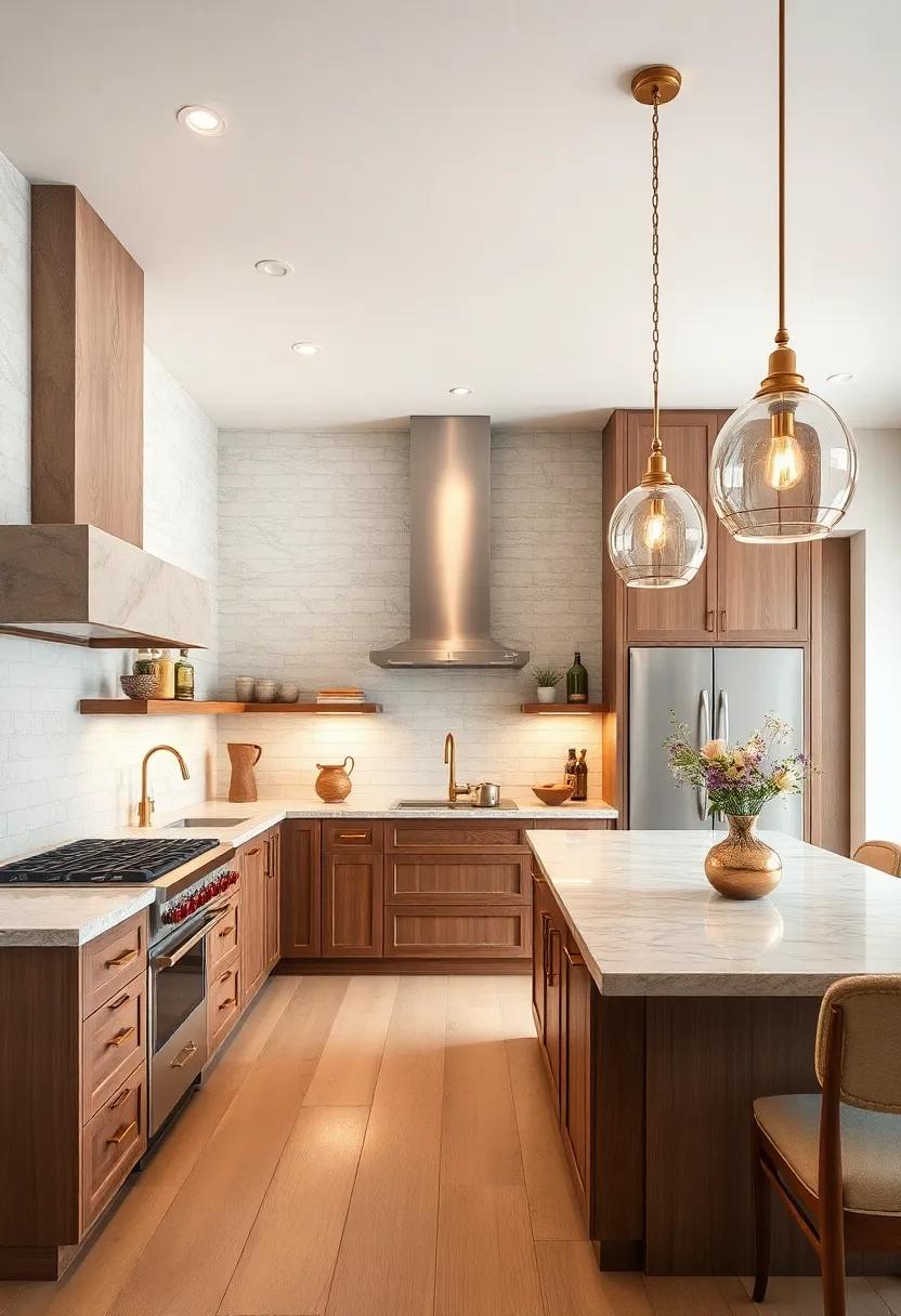Statement Lighting Fixtures: Incorporate stunning brass chandeliers or pendant lights to serve as focal points in your kitchen design