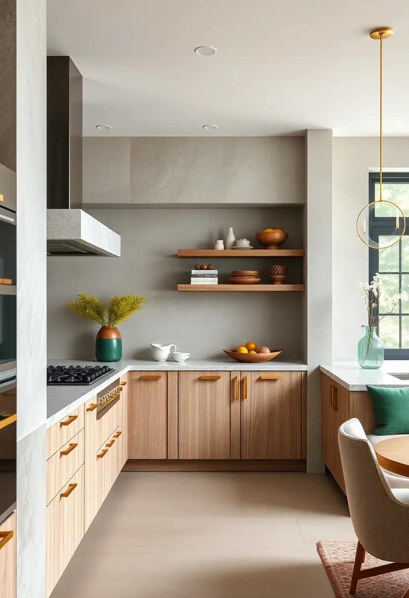 Tactile Textures: Pair smooth brass hardware with textured cabinet fronts for an engaging contrast that draws the eye