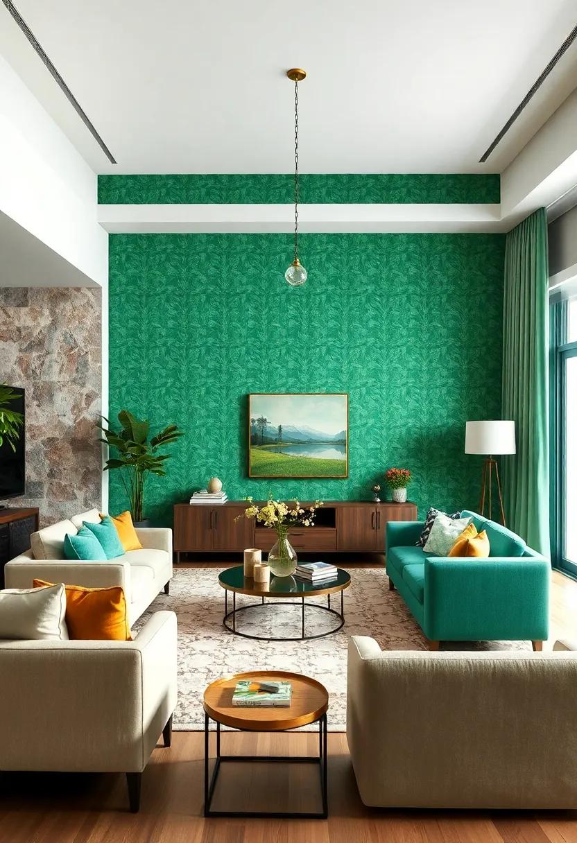 Utilize patterned emerald⁤ green ⁣wallpaper⁣ as a⁤ backdrop for your living room’s key features