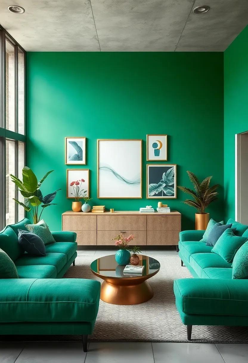 Create a gallery wall with⁣ emerald green backgrounds to make your art stand out