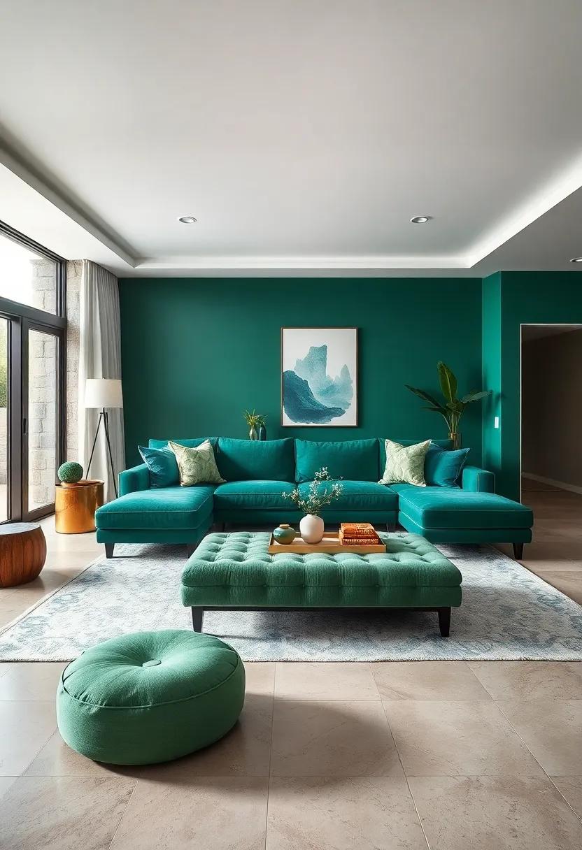 Incorporate an emerald ⁢green ottoman for functional seating that looks great