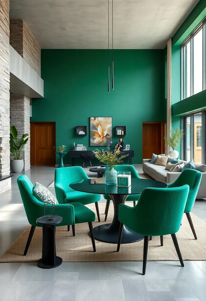 Opt for emerald green dining chairs‌ in an open-concept⁢ living room ‌for a cohesive look