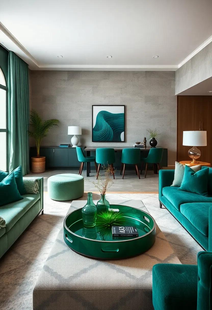 Use emerald green decorative trays on coffee tables to create organized⁣ beauty