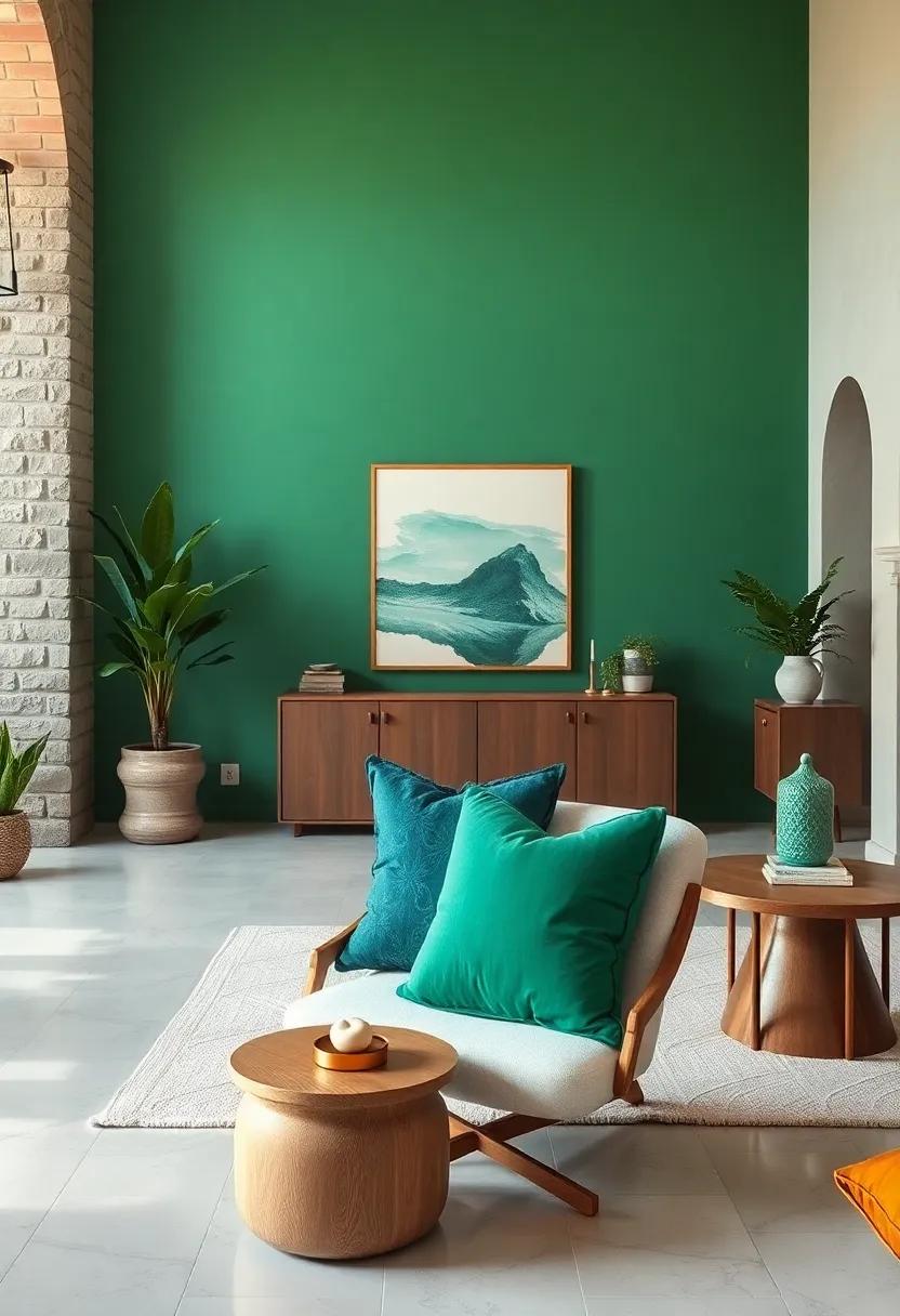 Layer emerald green cushions on a neutral chair‌ for added texture and comfort