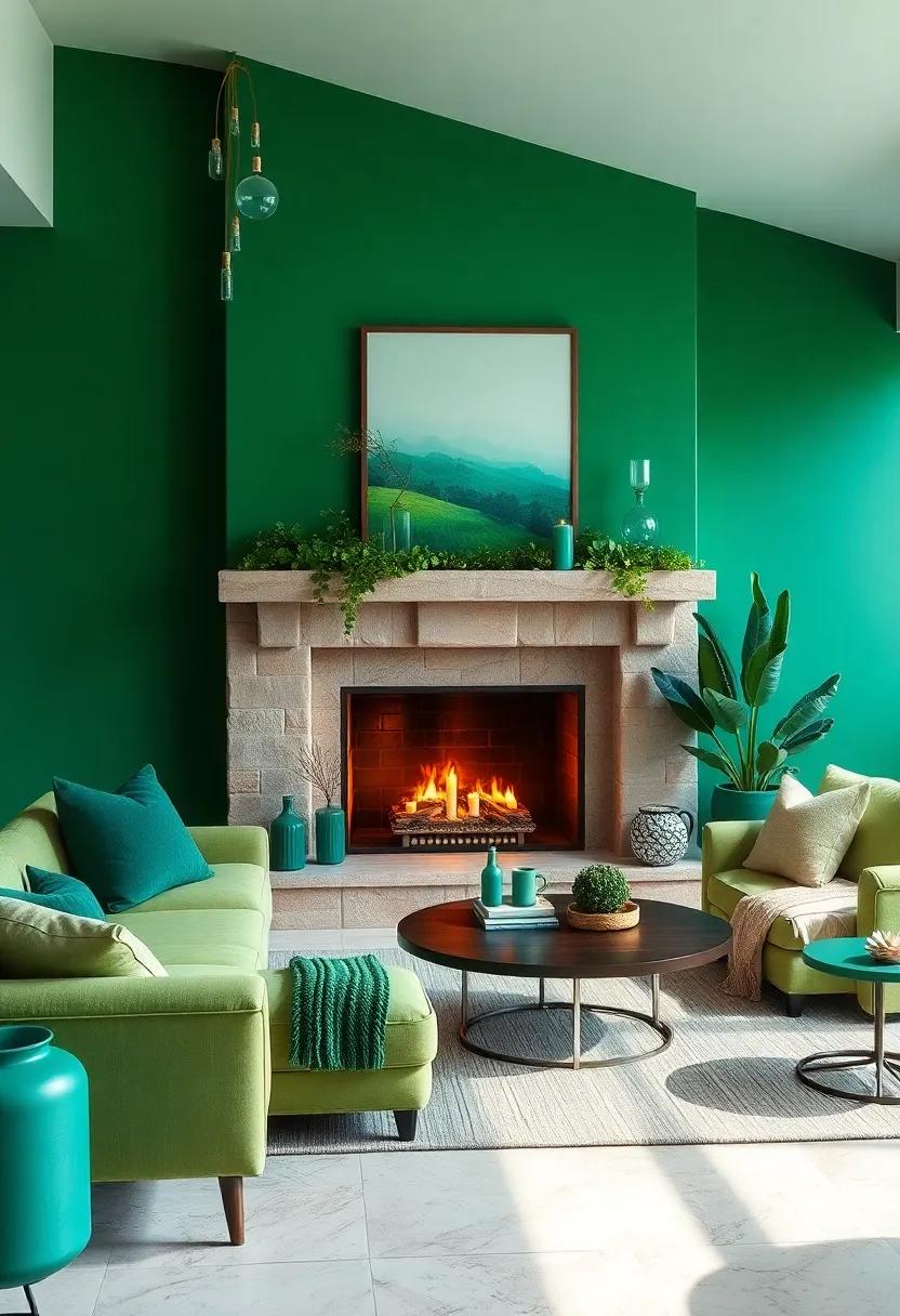 Adorn your fireplace mantel with ​emerald green‌ candles and decor for a cozy vibe