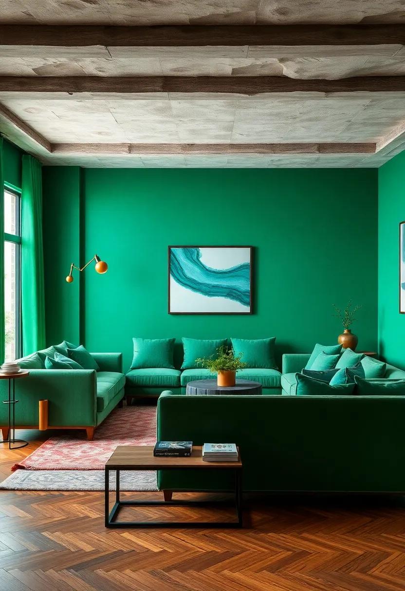 Choose emerald green furniture pieces, like a velvet sofa, for a luxurious touch