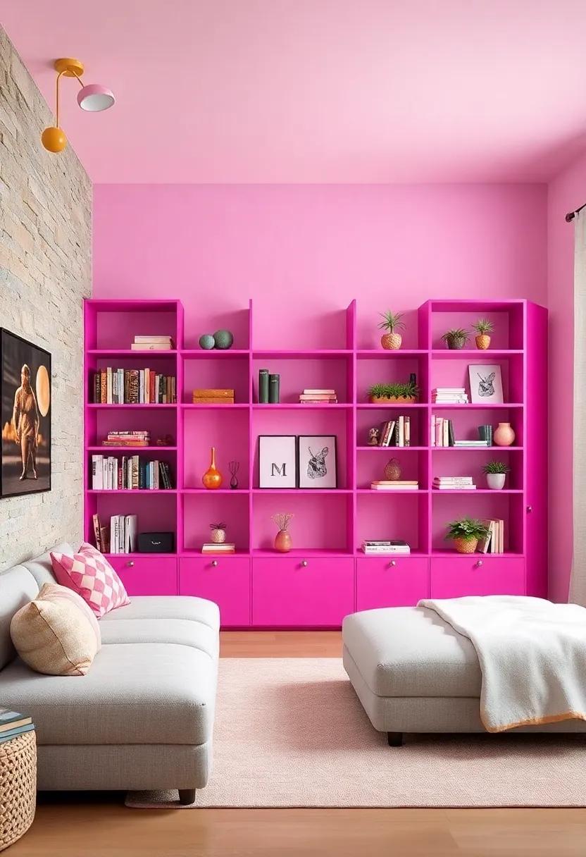 Functional Fuchsia Shelving: Install⁢ open‍ fuchsia shelving ‌units to⁢ display favorite books, souvenirs, and ⁣decorative items, enhancing both storage and style