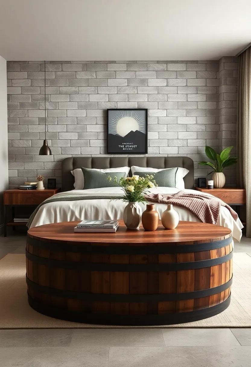 Barrel Stave Coffee Table: Make a​ statement with a coffee‌ table made from barrel staves, providing a rustic yet refined touch to your bedroom