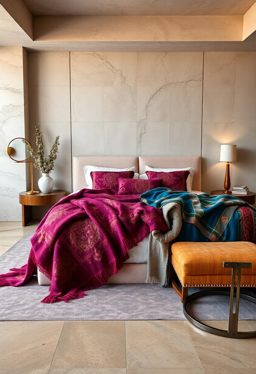 Luxurious colorful ‍Throws: Drape ornate ⁤blankets or​ throws over ‍your bed or ⁢seating⁣ to provide both comfort and a touch of warmth
