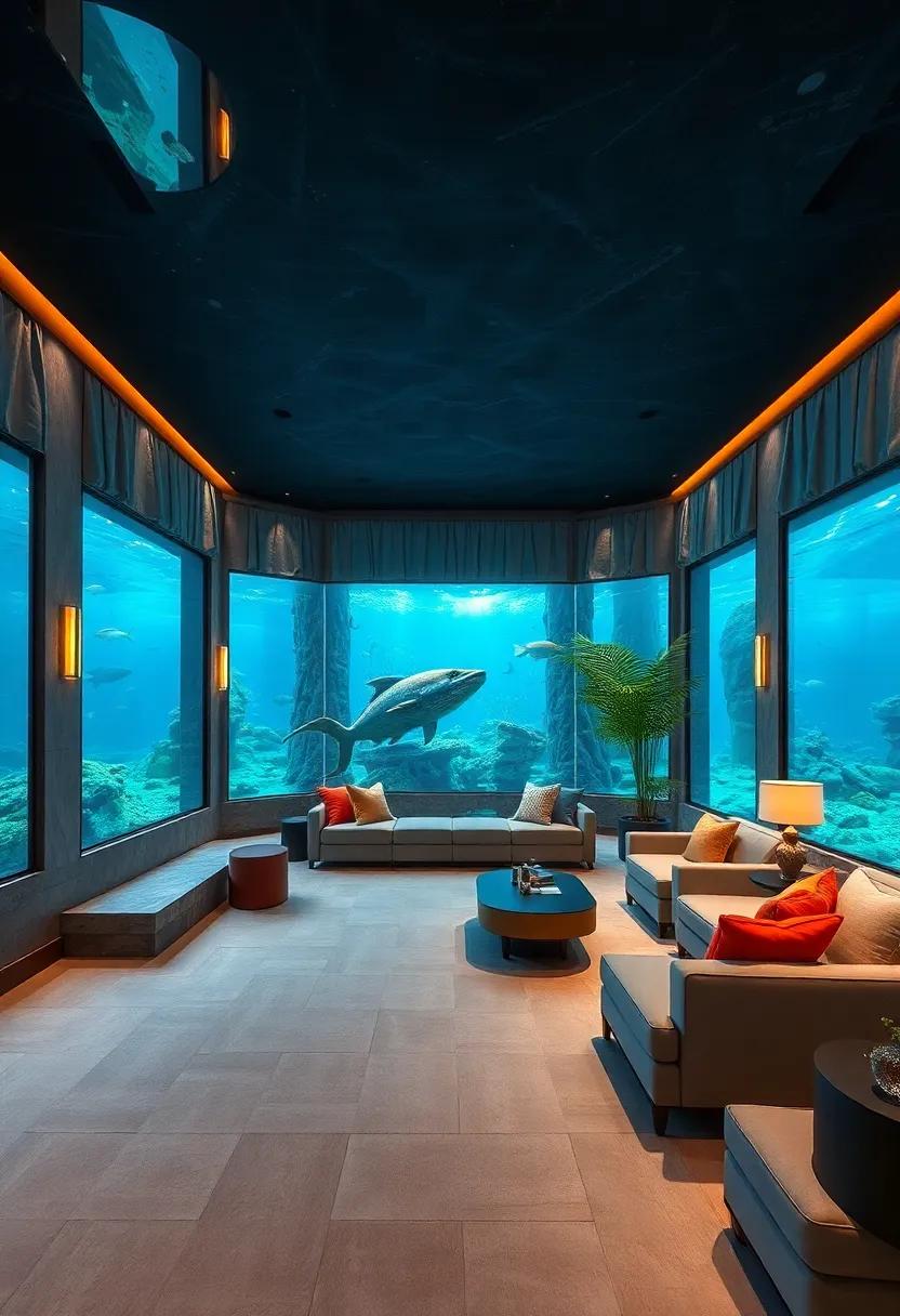 Underwater Fantasy: Dive into luxury with a⁤ submerged theater room featuring glass walls and aquatic decor, offering a⁣ unique perspective on underwater features