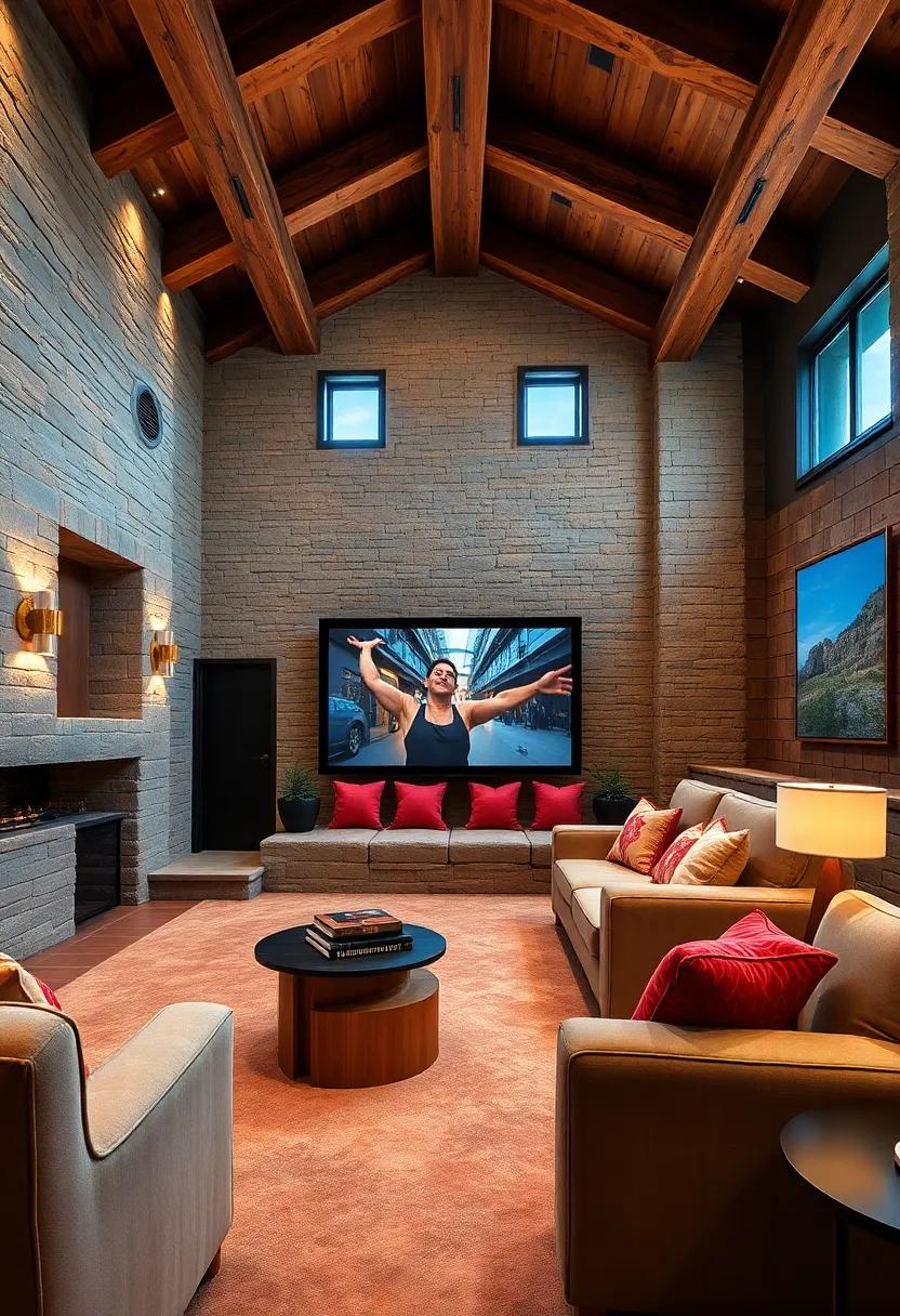 Rustic Retreat: A cozy, cabin-inspired theater featuring reclaimed ⁢wood beams,⁣ stone‍ accents, and overstuffed seating, ‌perfect for curling up with popcorn