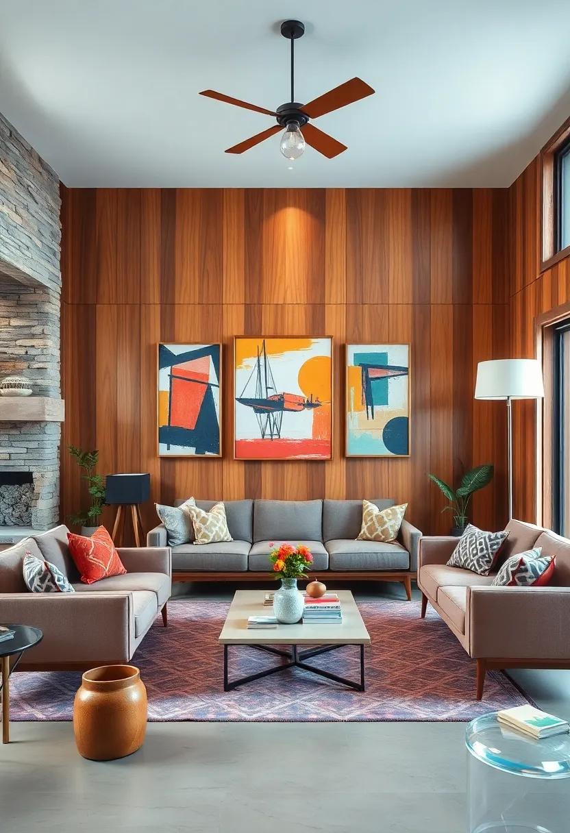 Artful Wall Hangings: ​Hang ​abstract art or vintage posters with bold colors⁤ to provide visual⁢ contrast and interest against‌ the ​wood paneling
