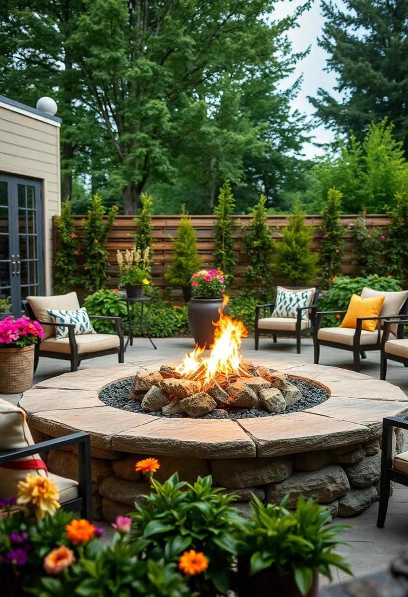 Embrace the⁣ rustic charm of ⁢a classic stone⁤ fire pit, ⁣perfectly⁤ nestled⁢ among blooming flowers and lush greenery, ⁣providing ⁣a cozy atmosphere for⁣ nighttime gatherings