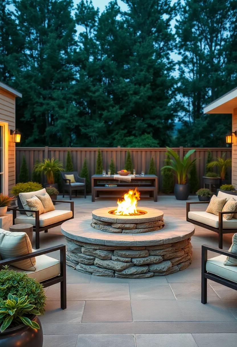 Indulge in⁤ the warm ⁣glow of a multi-tiered fire pit, featuring a cascading ​stone ‌surround⁢ that adds depth ​and visual interest ​to your​ outdoor ‍setup