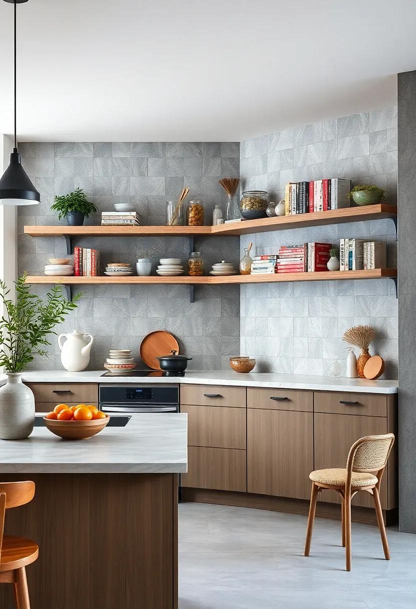 Delve into the art of display with curated open shelves that highlight seasonal ingredients and beautiful cookbooks for a fresh and inspiring atmosphere