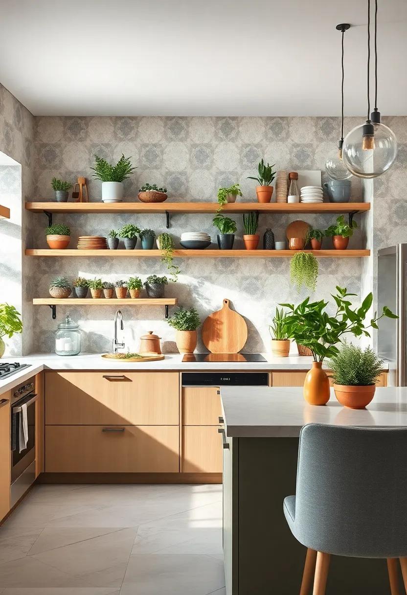 Dive into a garden-inspired kitchen where open shelves display fresh herbs ‍and plants, blending functionality with aesthetic appeal