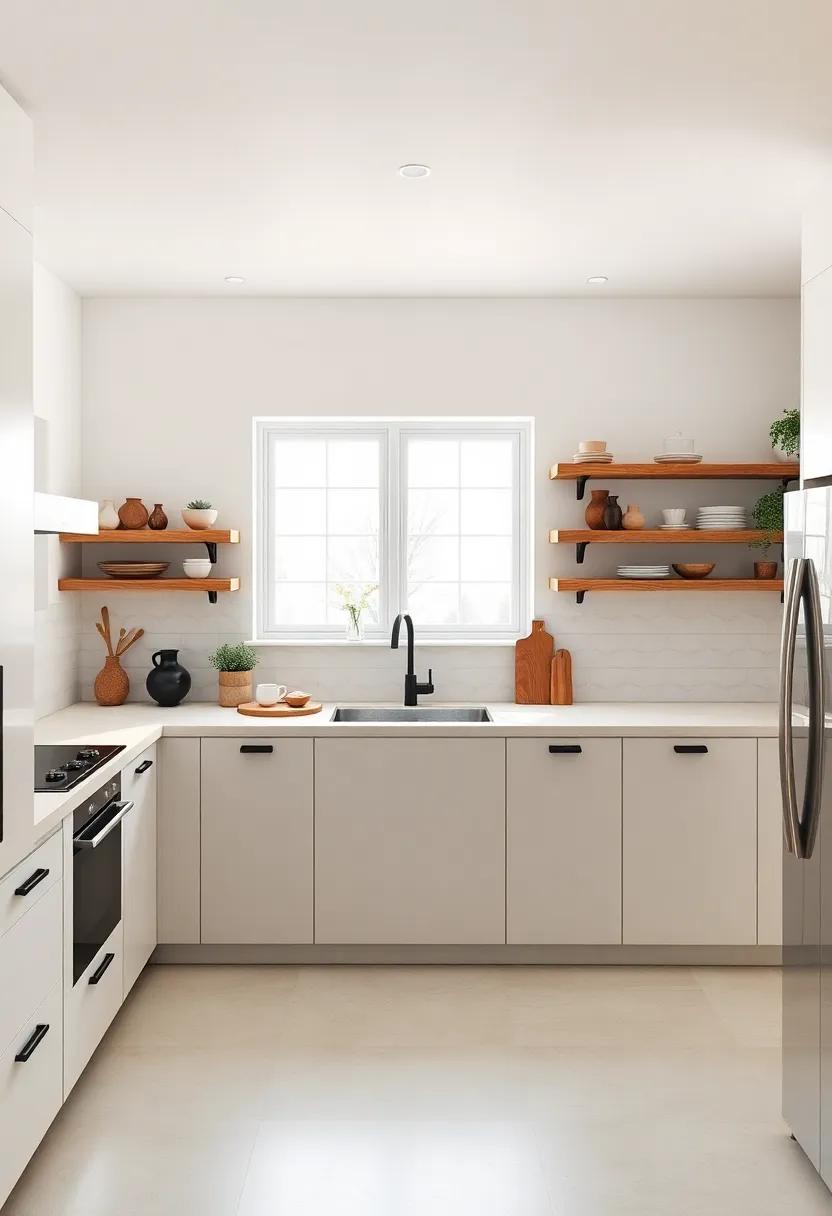 Explore how natural wood shelves add warmth and‍ character to an all-white kitchen, seamlessly blending with minimalist cabinetry