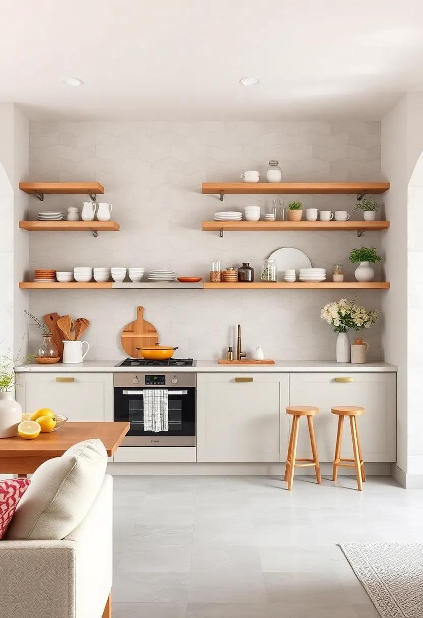 Find inspiration in a coastal-inspired kitchen ‍where open shelving displays a mix of ceramics and glass, creating a light and airy vibe