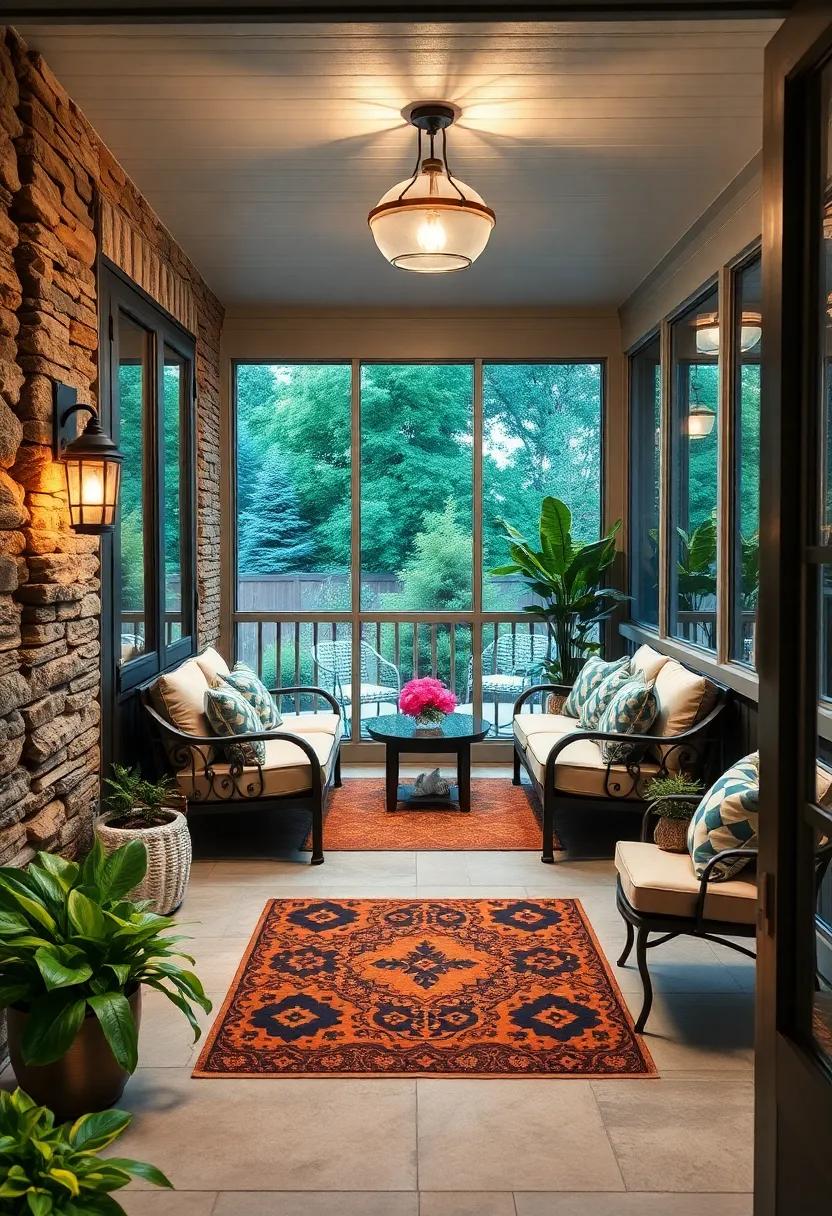Inviting Entryway: finish your screened porch with a welcoming mat and decorative lighting, making it an inviting gateway into your cozy retreat