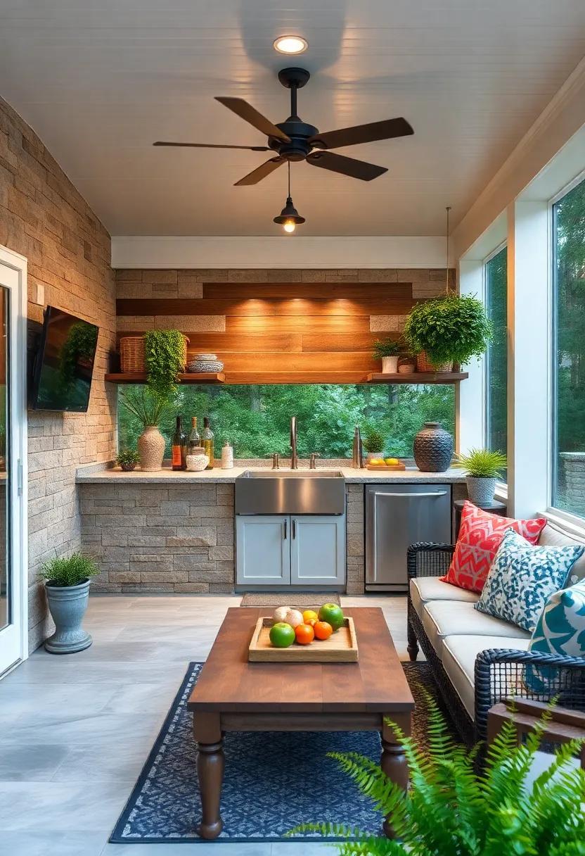 Embrace ⁤the charm of a rustic screened ‌porch ⁢kitchen featuring reclaimed wood accents⁤ and a farmhouse ⁣sink that adds warmth and character to your outdoor cooking⁢ experience
