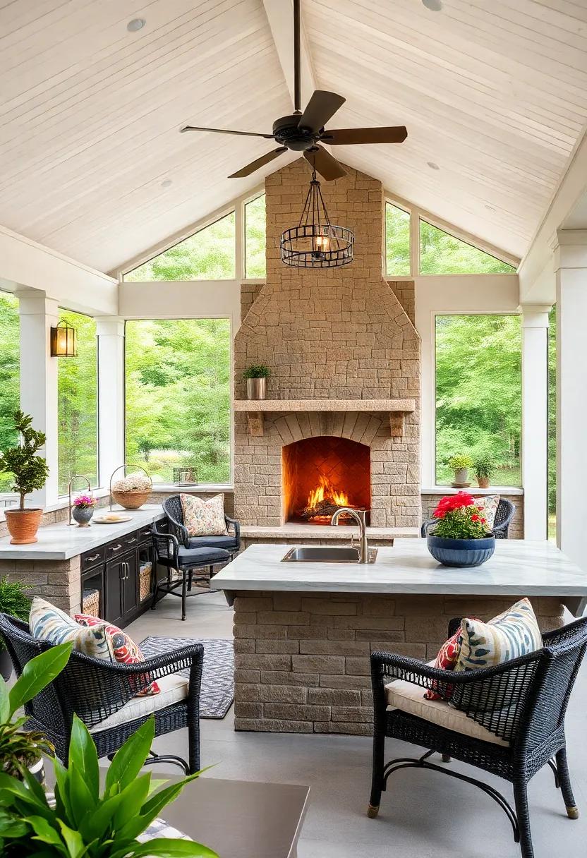 Embrace the⁢ allure of a screened⁢ porch kitchen ​with an elegant stone fireplace, a rustic sink, and ⁤an atmosphere that⁤ invites cozy‍ gatherings year-round