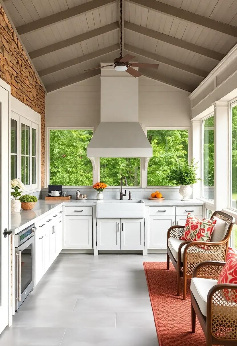 Enjoy the elegance of a coastal-inspired‌ screened porch outdoor kitchen adorned with seafoam green ‍cabinetry and‍ a large farmhouse​ sink, perfect for rinsing fresh catch⁤ from ⁣the ocean