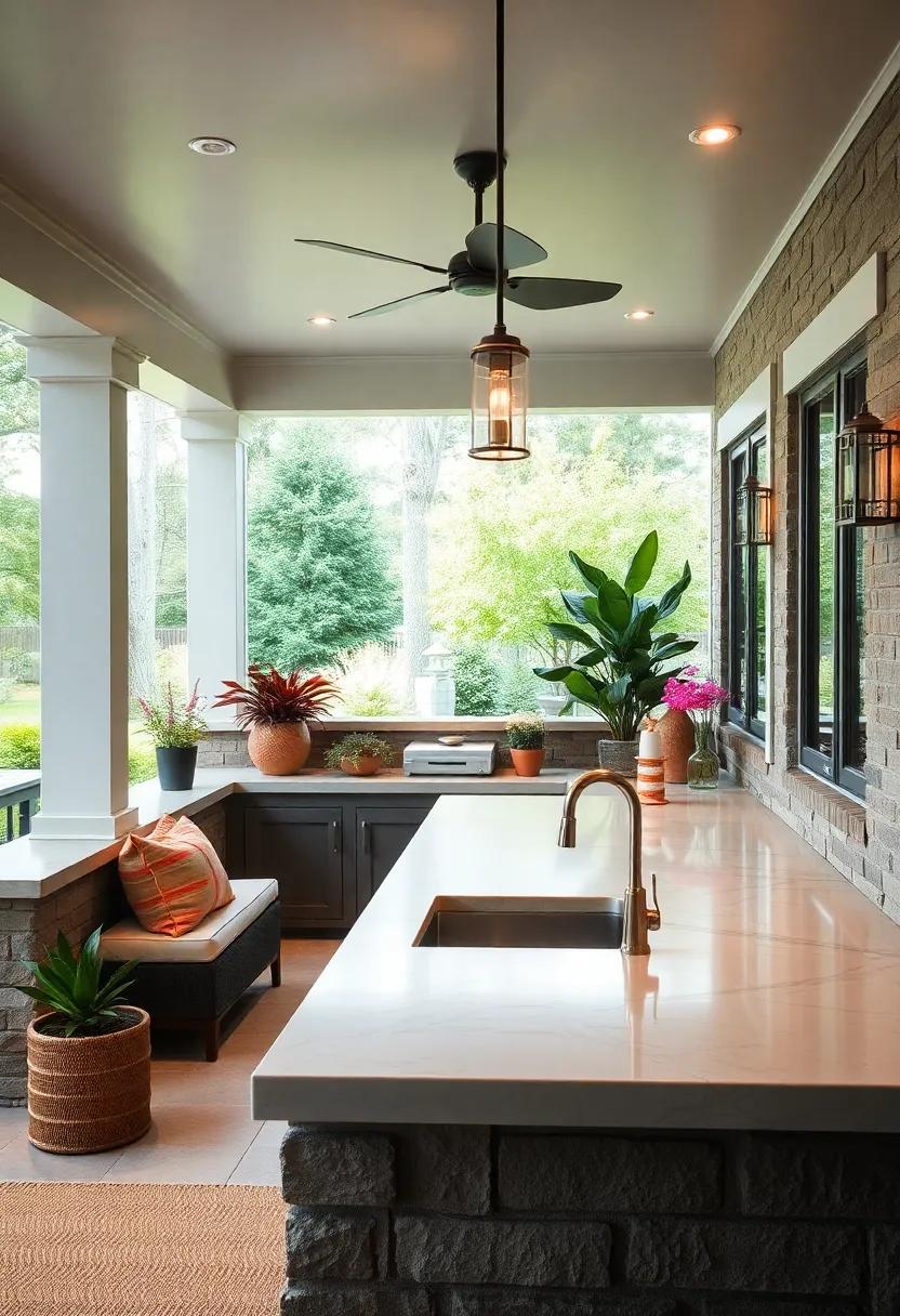 Delight in a‍ contemporary screened⁢ porch kitchen where chic ⁣design meets practicality, ‌featuring a sleek sink that‌ complements the modern aesthetic ⁤of the space