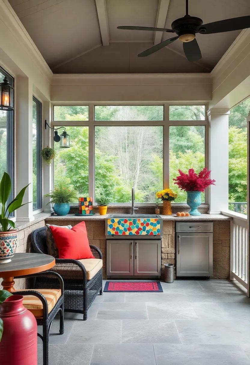 Step into a ⁢vibrant Mediterranean-style ​screened kitchen that boasts colorful​ tiles​ and a ​stunning ‍mosaic sink, ​creating ‌an inviting⁢ atmosphere for ⁣alfresco dining and gatherings