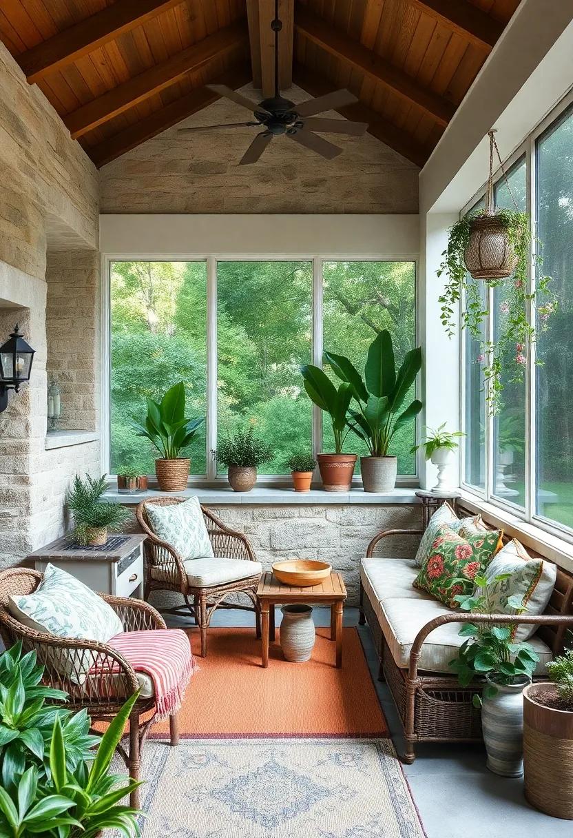 Fall in love with a ⁢bohemian-style screened porch adorned​ with⁣ colorful textiles, lush plants, ⁣and a⁤ handcrafted sink that adds a unique touch to ⁤your outdoor⁢ oasis
