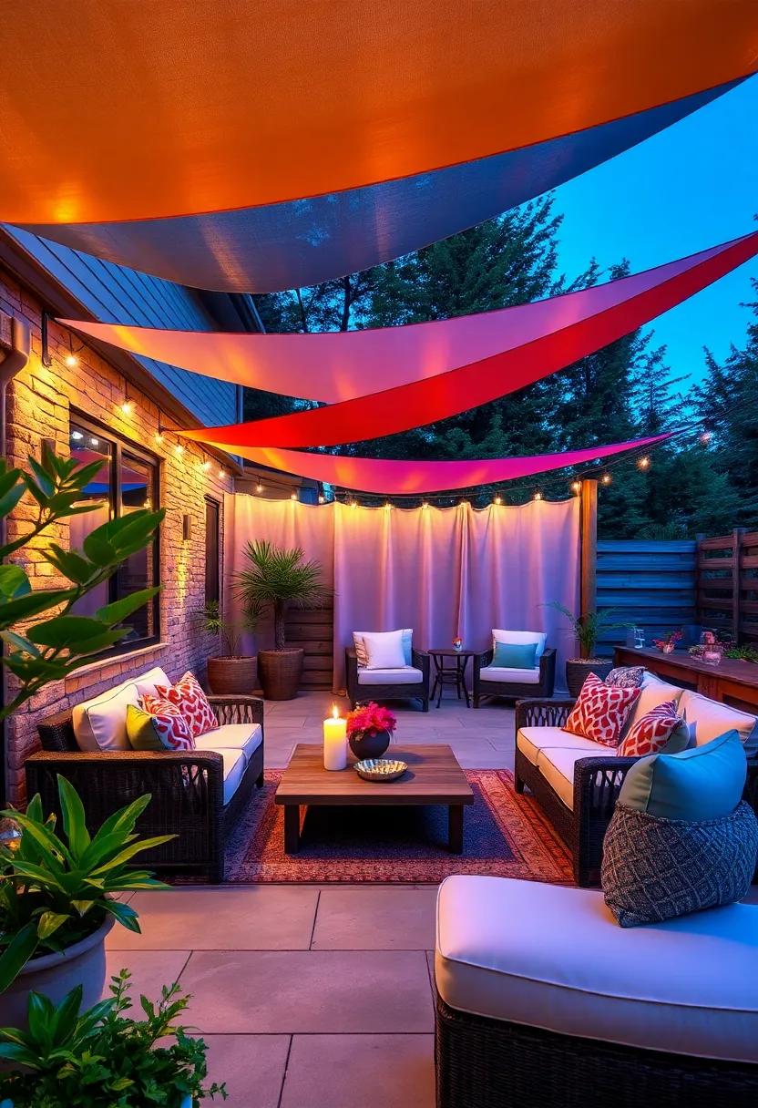 Colorful Shade Sails: ⁢Use ⁢vibrant shade sails⁤ in conjunction with built-in⁢ lighting to add‌ both color and illumination​ to your outdoor space