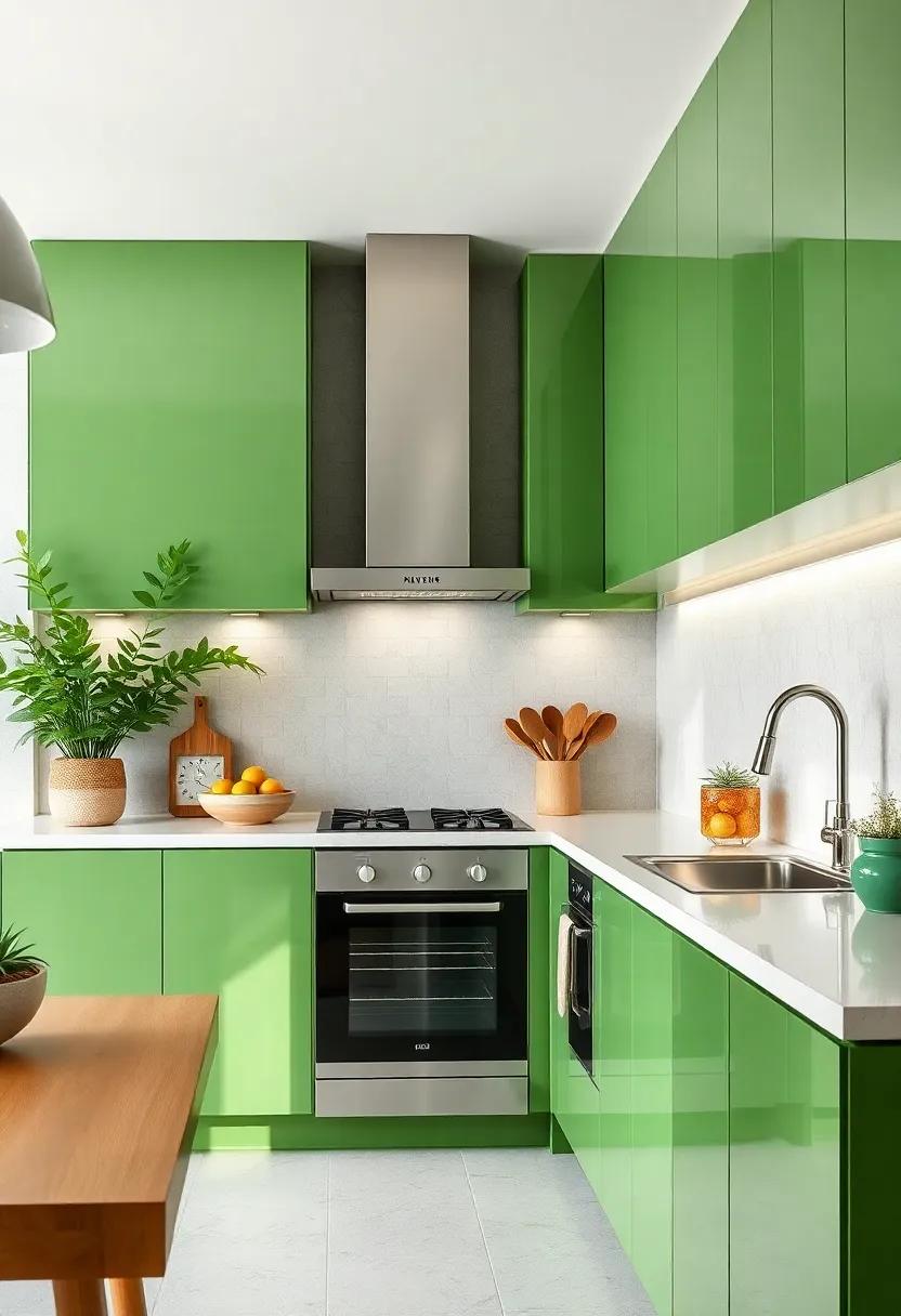 Glossy Finish: Utilize high-gloss green cabinets to reflect light and enhance the sense of space ⁢in a compact kitchen