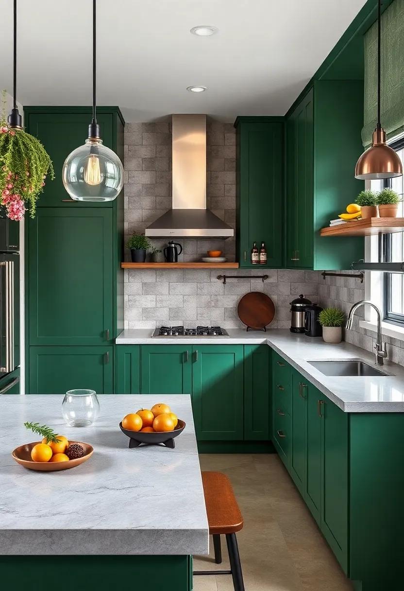 Industrial Edge: ‍Mix green cabinetry with metal accents and ‌concrete countertops for an‌ urban, industrial look