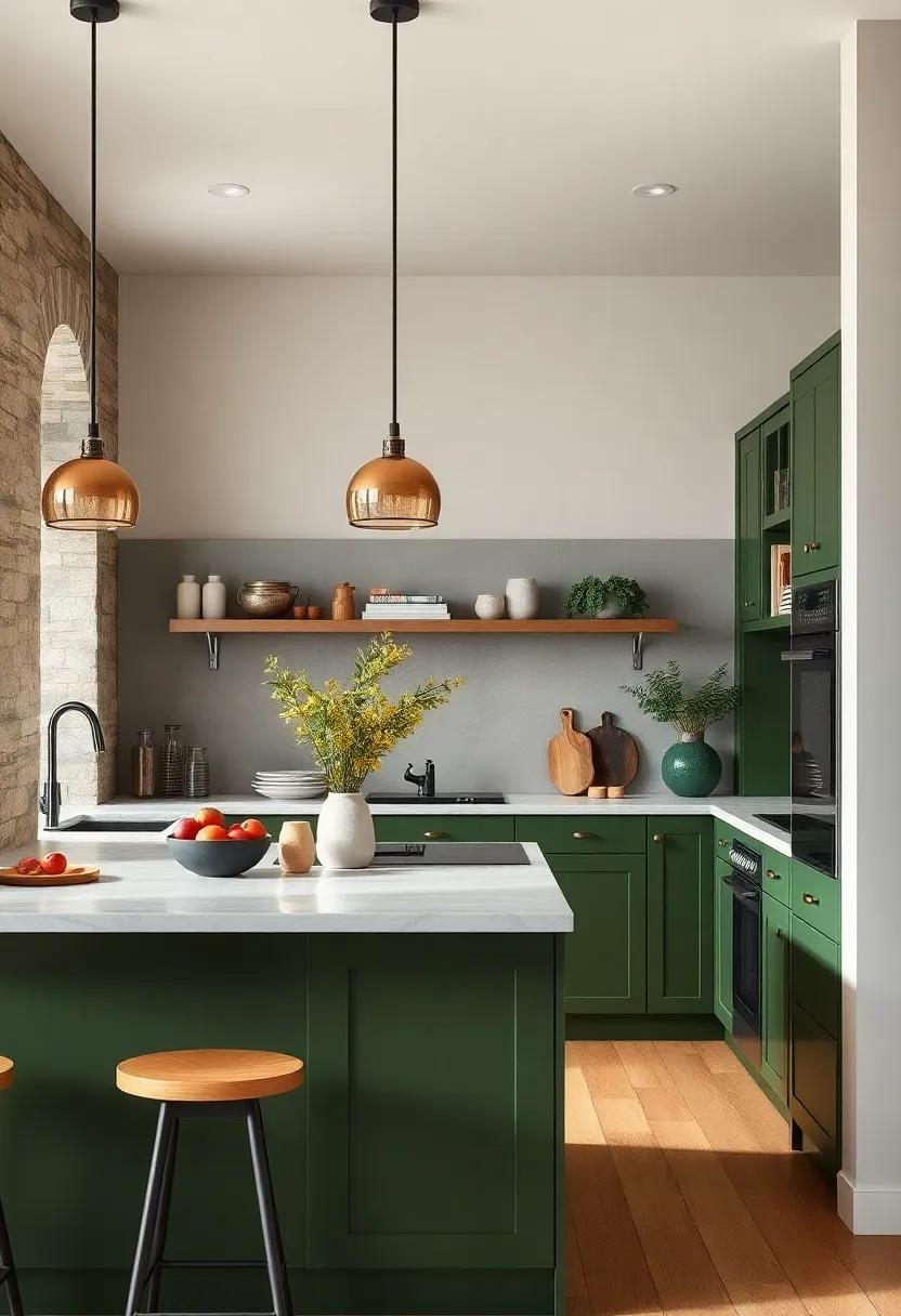 Two-Tone Delight: Pair dark olive green island cabinets with lighter​ green‍ wall cabinets for a dramatic, yet harmonious effect